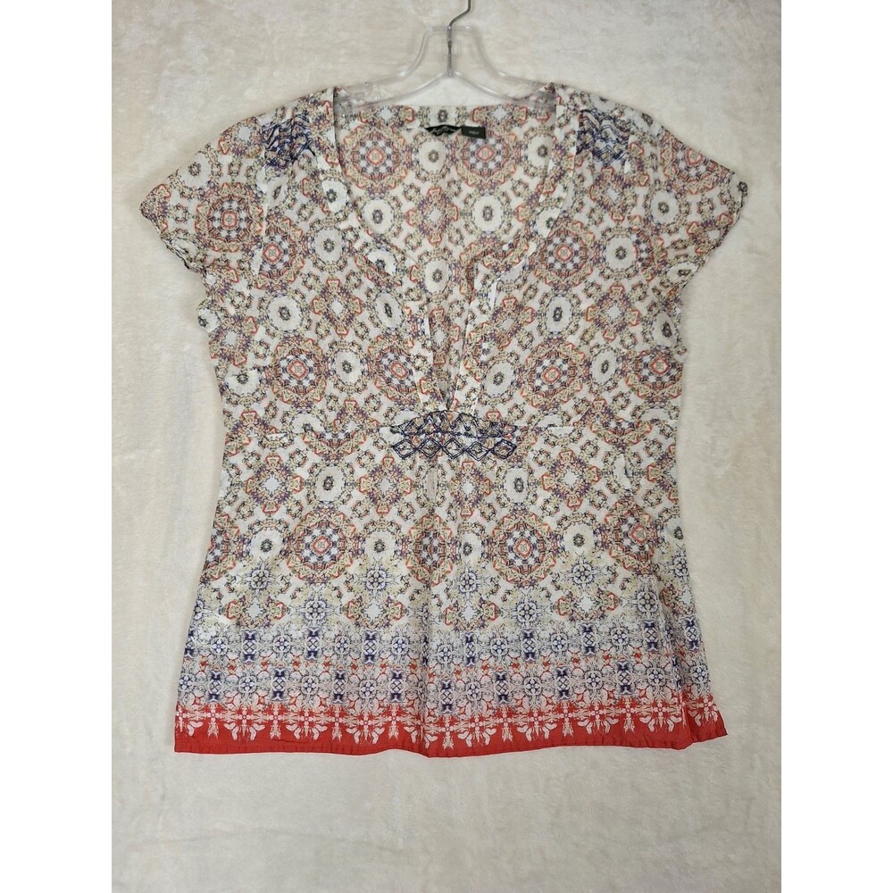 Eddie Bauer Womens L Top Lightweight Floral Cotton Boho Summer V Neck Sheer